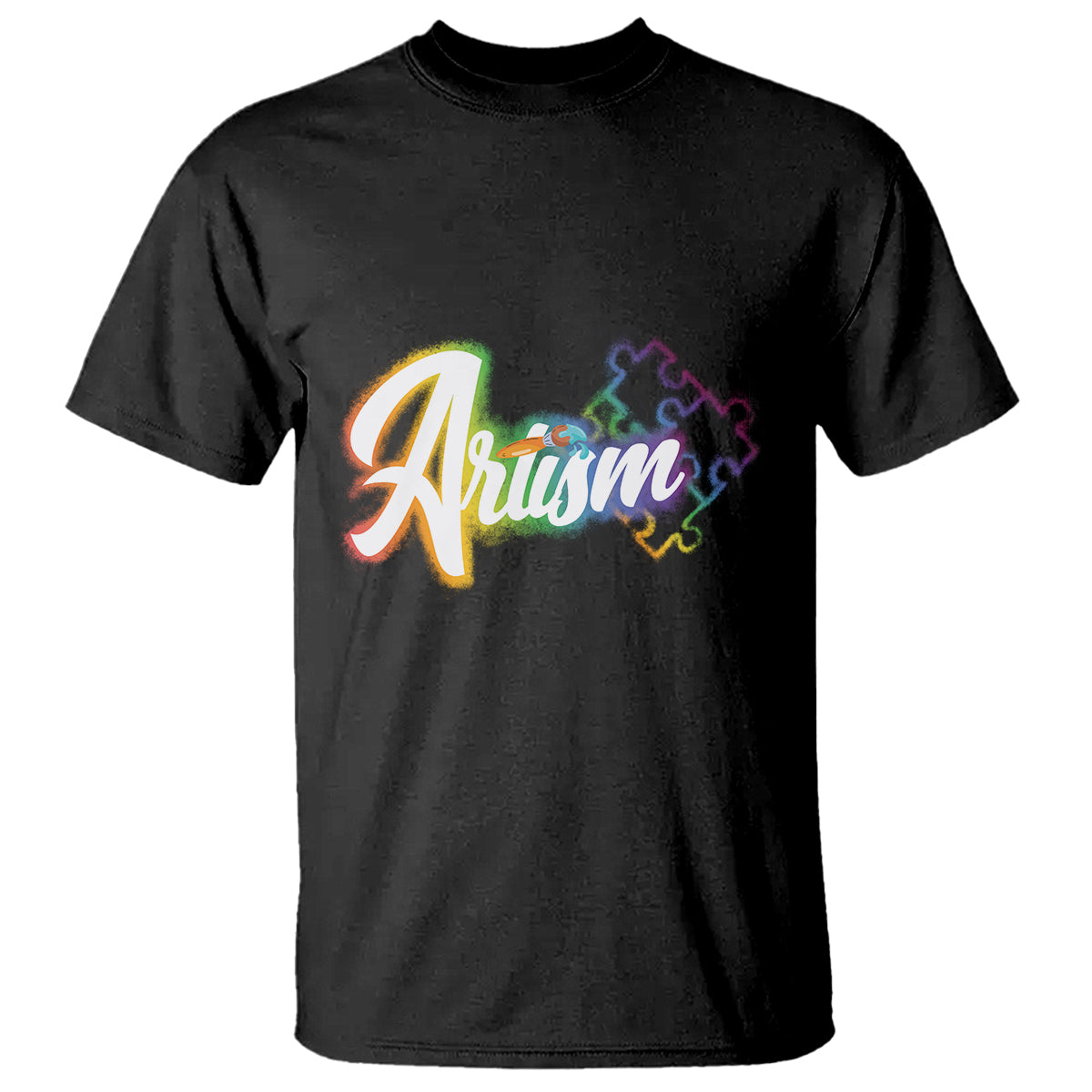 Black crew-neck T-shirt with front Artism rainbow puzzle graphic.
