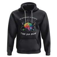 Black autism awareness hoodie with colorful brain graphic, drawstring hood and front pocket