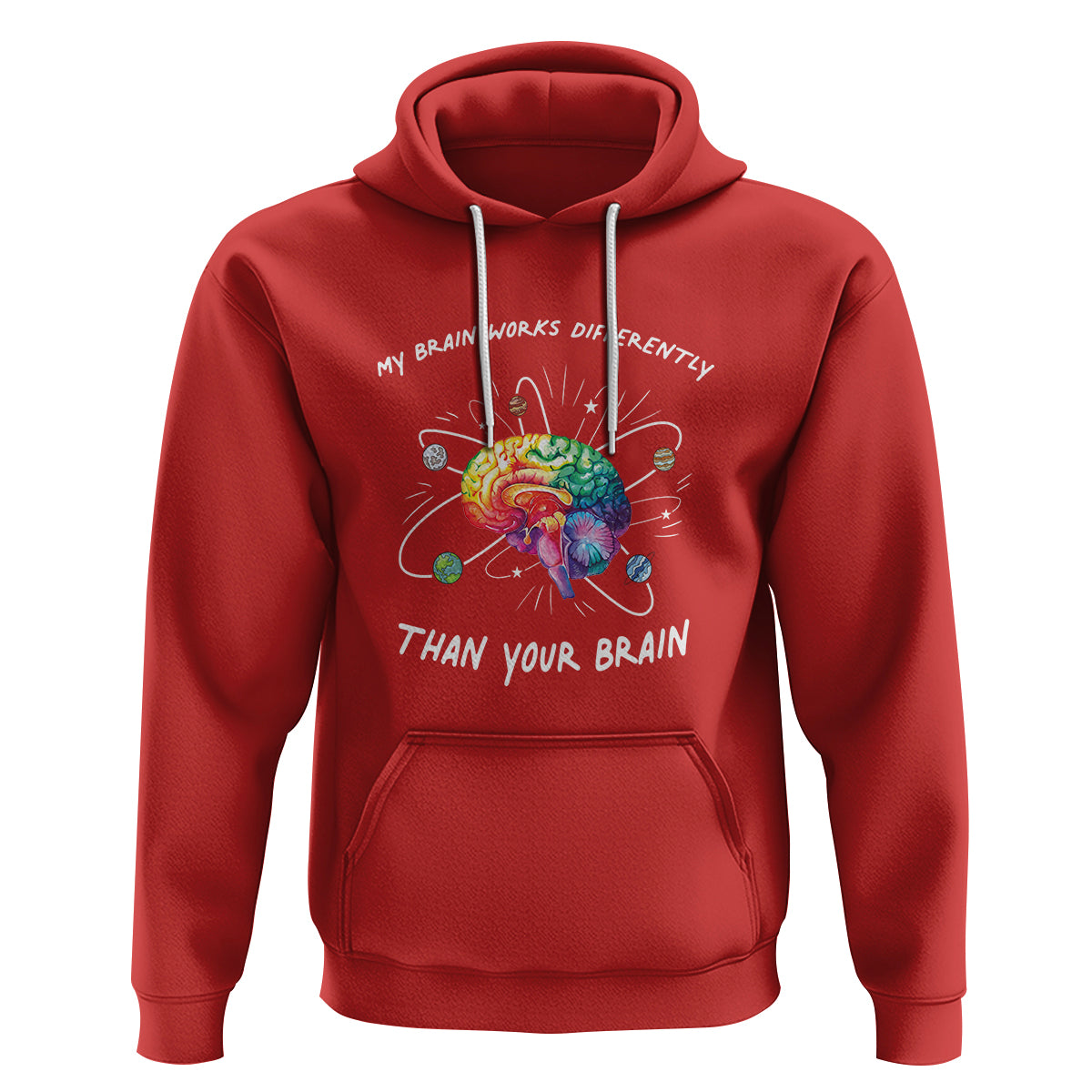 Red autism awareness hoodie with colorful brain graphic, drawstring hood and front pocket