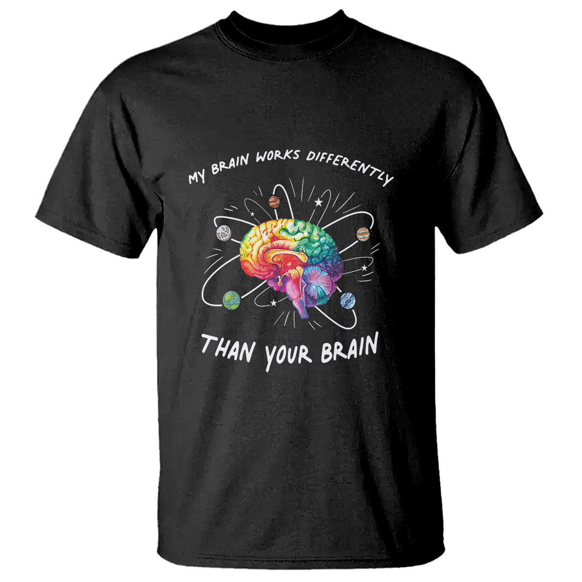 Black autism awareness T-shirt with colorful brain graphic and text 'My brain works differently'