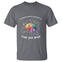 Charcoal autism awareness T-shirt with colorful brain graphic and text 'My brain works differently'