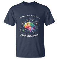 Navy autism awareness T-shirt with colorful brain graphic and text 'My brain works differently'