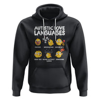 Black autism awareness hoodie with front hood and colorful love languages graphic