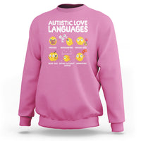 Azalea pink crewneck sweatshirt with 'Autistic Love Languages' print and emoji faces