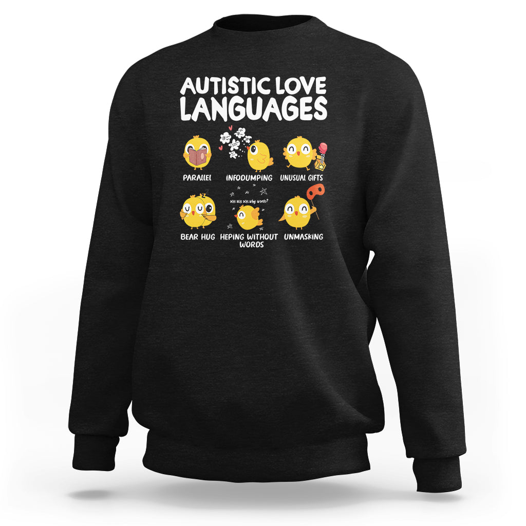 Black crewneck sweatshirt with 'Autistic Love Languages' print and emoji faces