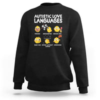 Black crewneck sweatshirt with 'Autistic Love Languages' print and emoji faces