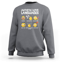Charcoal gray crewneck sweatshirt with 'Autistic Love Languages' print and emoji faces