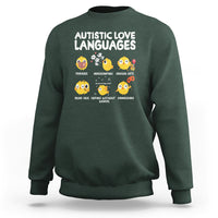Dark forest green crewneck sweatshirt with 'Autistic Love Languages' print and emoji faces