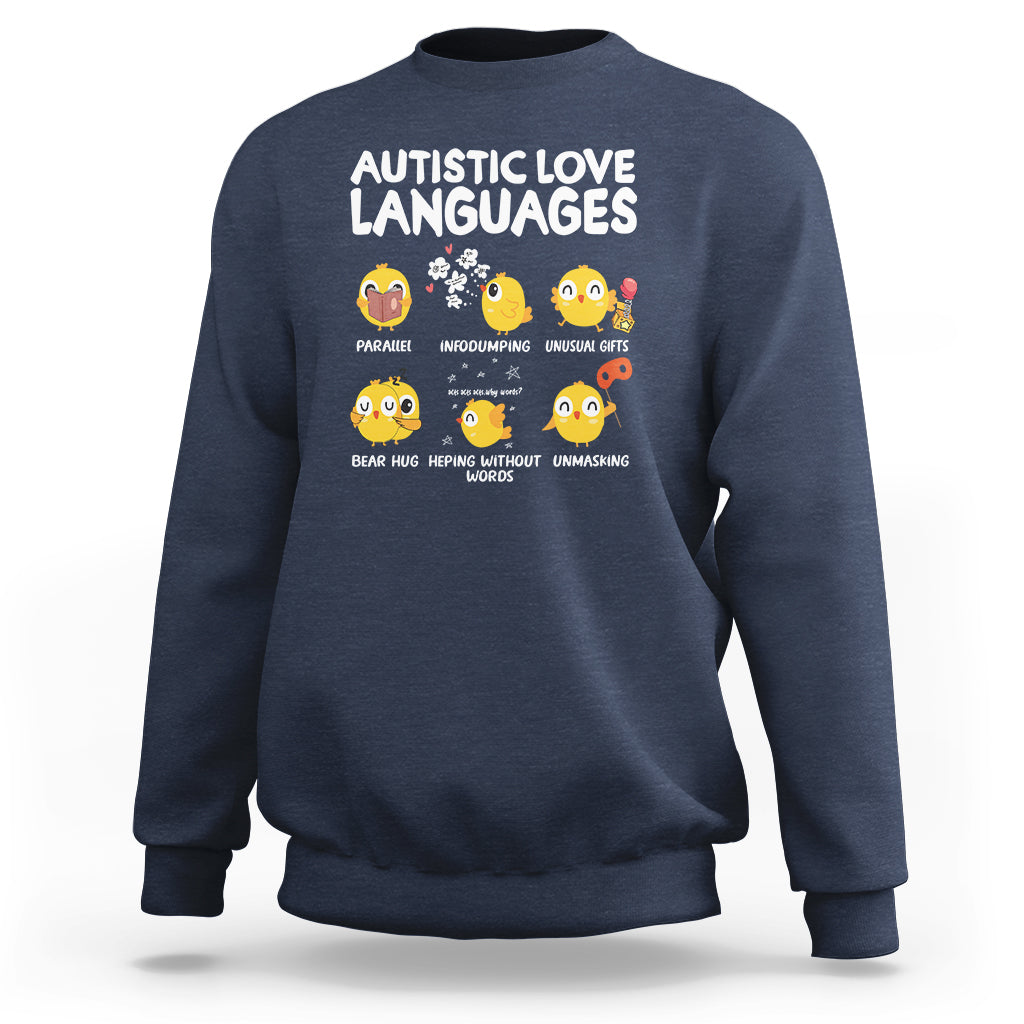 Navy crewneck sweatshirt with 'Autistic Love Languages' print and emoji faces
