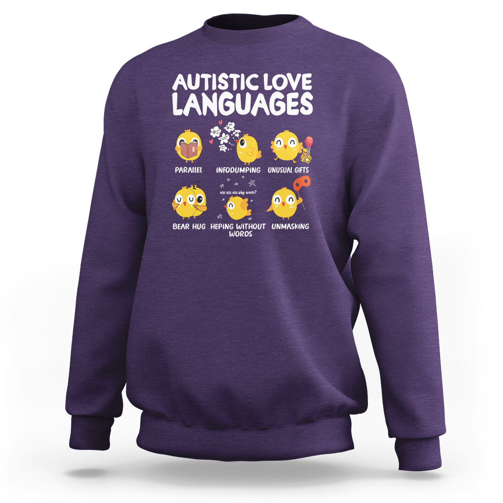 Purple crewneck sweatshirt with 'Autistic Love Languages' print and emoji faces