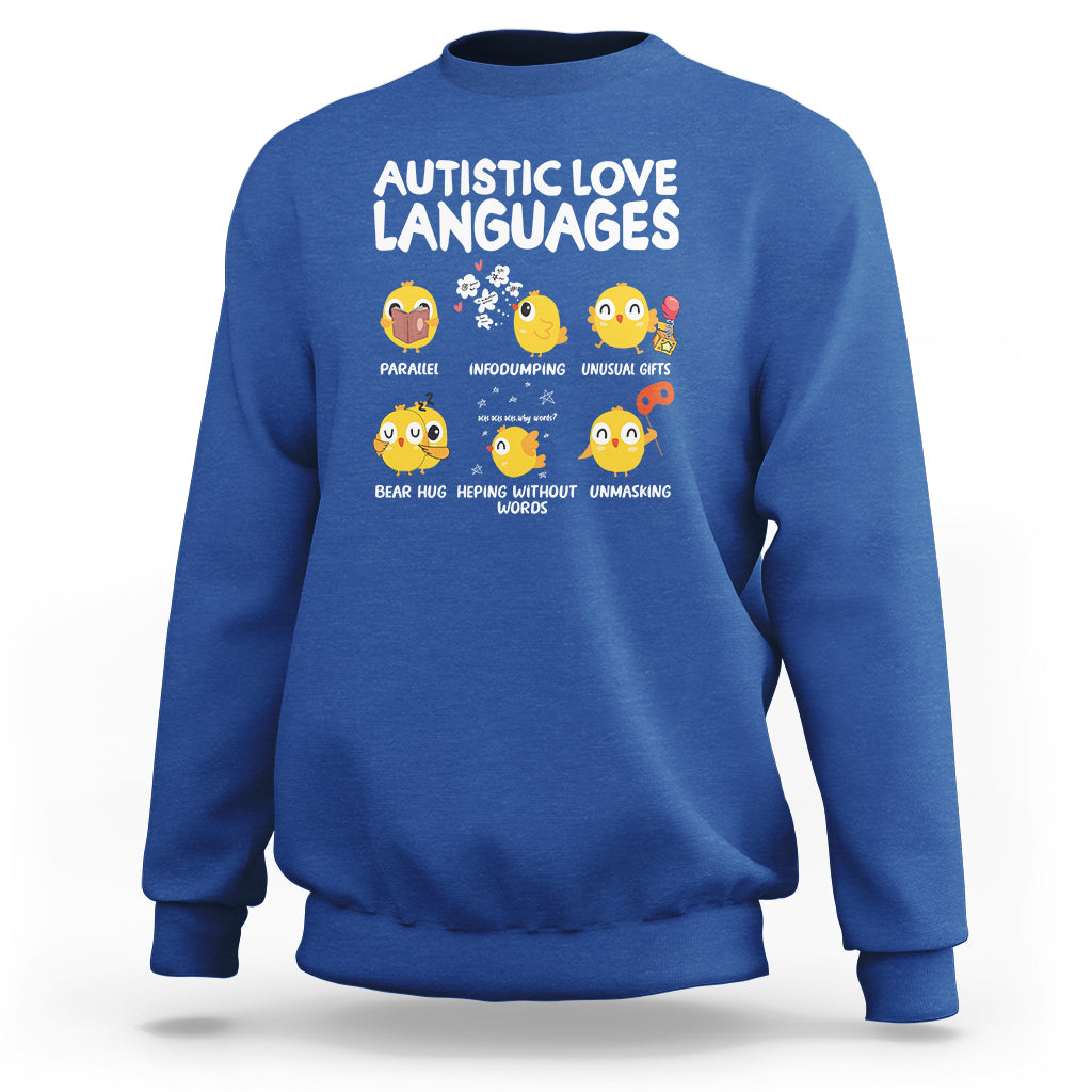 Royal blue crewneck sweatshirt with 'Autistic Love Languages' print and emoji faces
