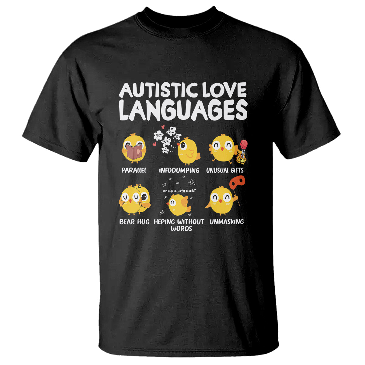 Black T-shirt with 'Autistic Love Languages' emoji graphic and love-languages phrases
