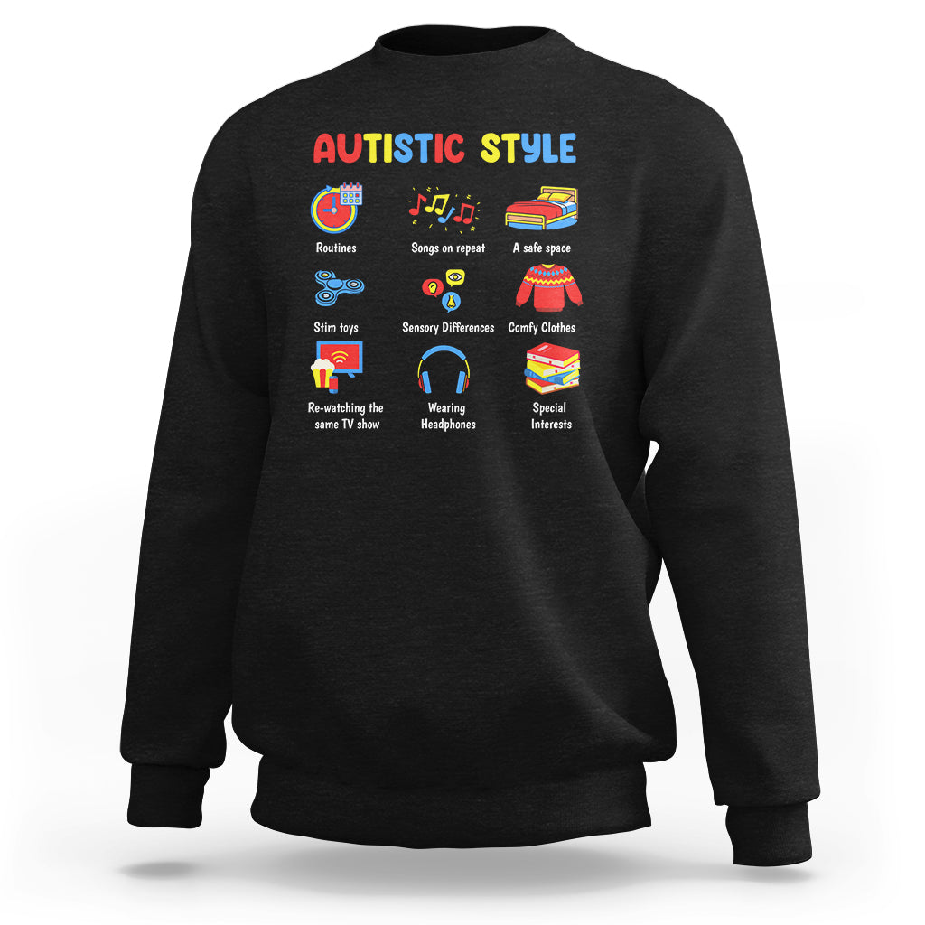 Black sweatshirt with “AUTISTIC STYLE” graphic and small icon chart on back