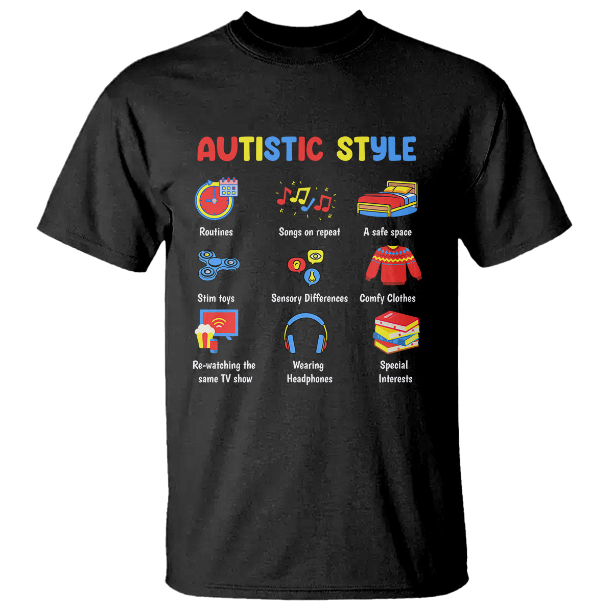Men's black graphic T-shirt with 'AUTISTIC STYLE' text and sensory routine icons