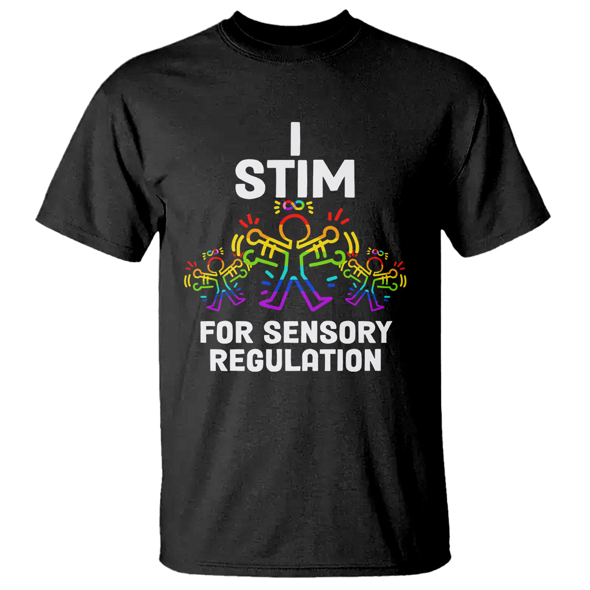Black autism awareness T-shirt with “STIM FOR SENSORY REGULATION” rainbow graphic