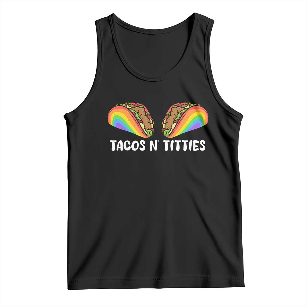 Black Pride tank top with rainbow tacos graphic reading TACOS N TITTIES
