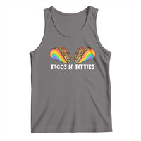 Gray pride tank top with rainbow taco graphic, “TACOS N’ TITTIES”
