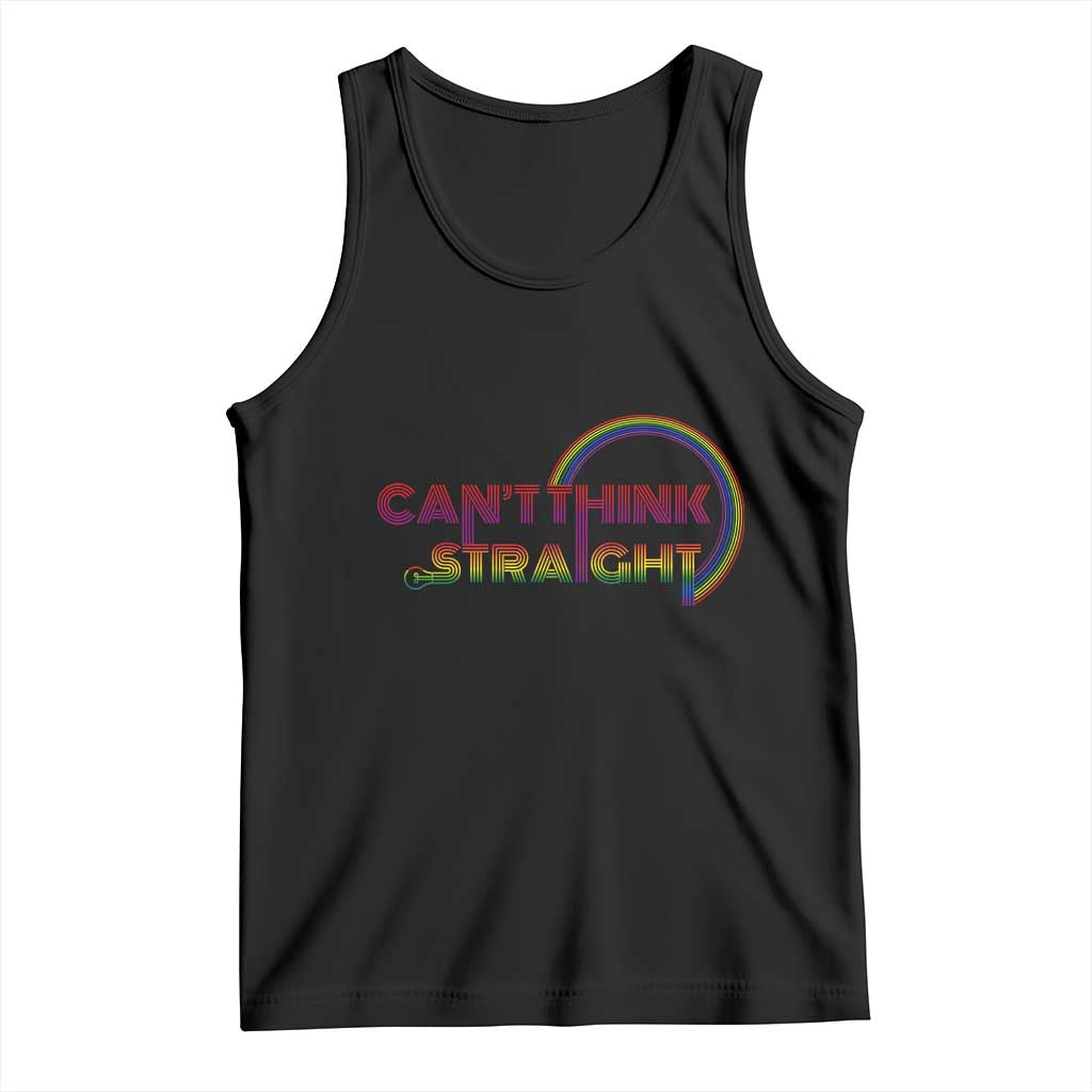 Black Pride tank top with rainbow 'CAN'T THINK STRAIGHT' graphic, sleeveless crew neck
