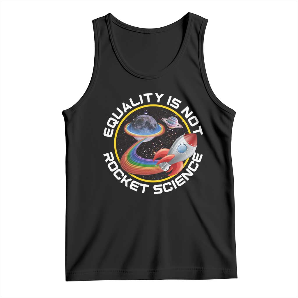Black LGBT pride tank top with rainbow planet and rocket science graphic