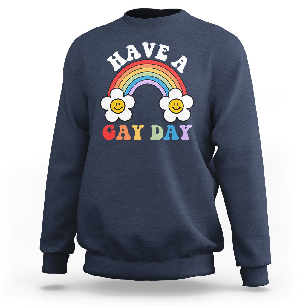 Navy blue pride sweatshirt with rainbow and “HAVE A GAY DAY” graphic