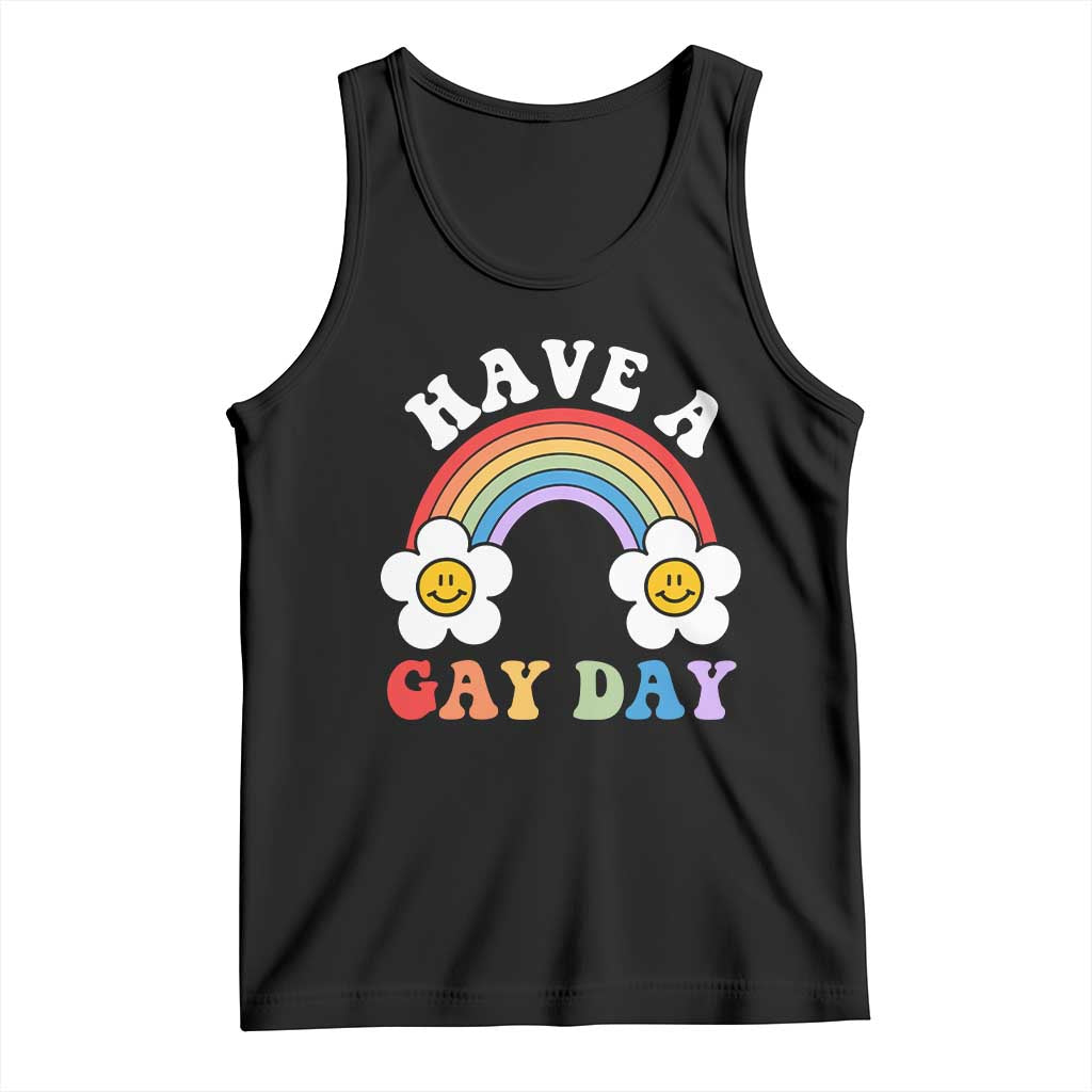 Black LGBT pride tank with rainbow graphic and 'HAVE A GAY DAY' text