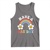 Dark gray tank top with rainbow graphic and 'Have a Gay Day' text, sleeveless crew neck