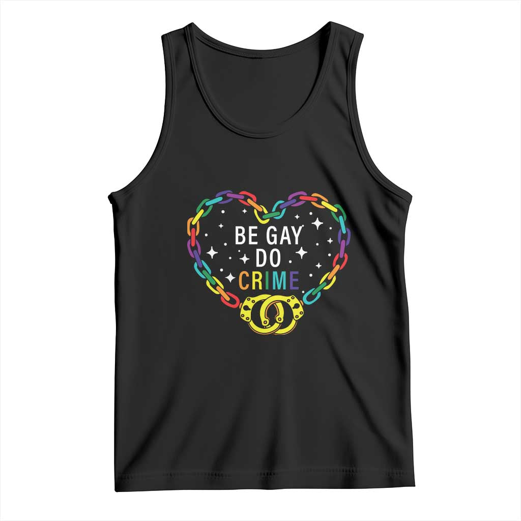 Black tank top with rainbow heart skull graphic and 'BE GAY DO CRIME' print