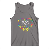 Dark gray tank top with rainbow heart graphic and text “BE GAY DO CRIME”
