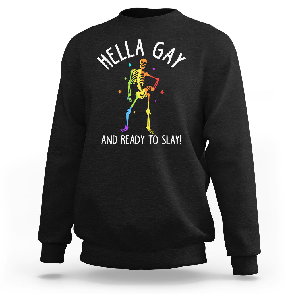 Black unisex crewneck sweatshirt with rainbow skeleton graphic and “HELLA GAY” text