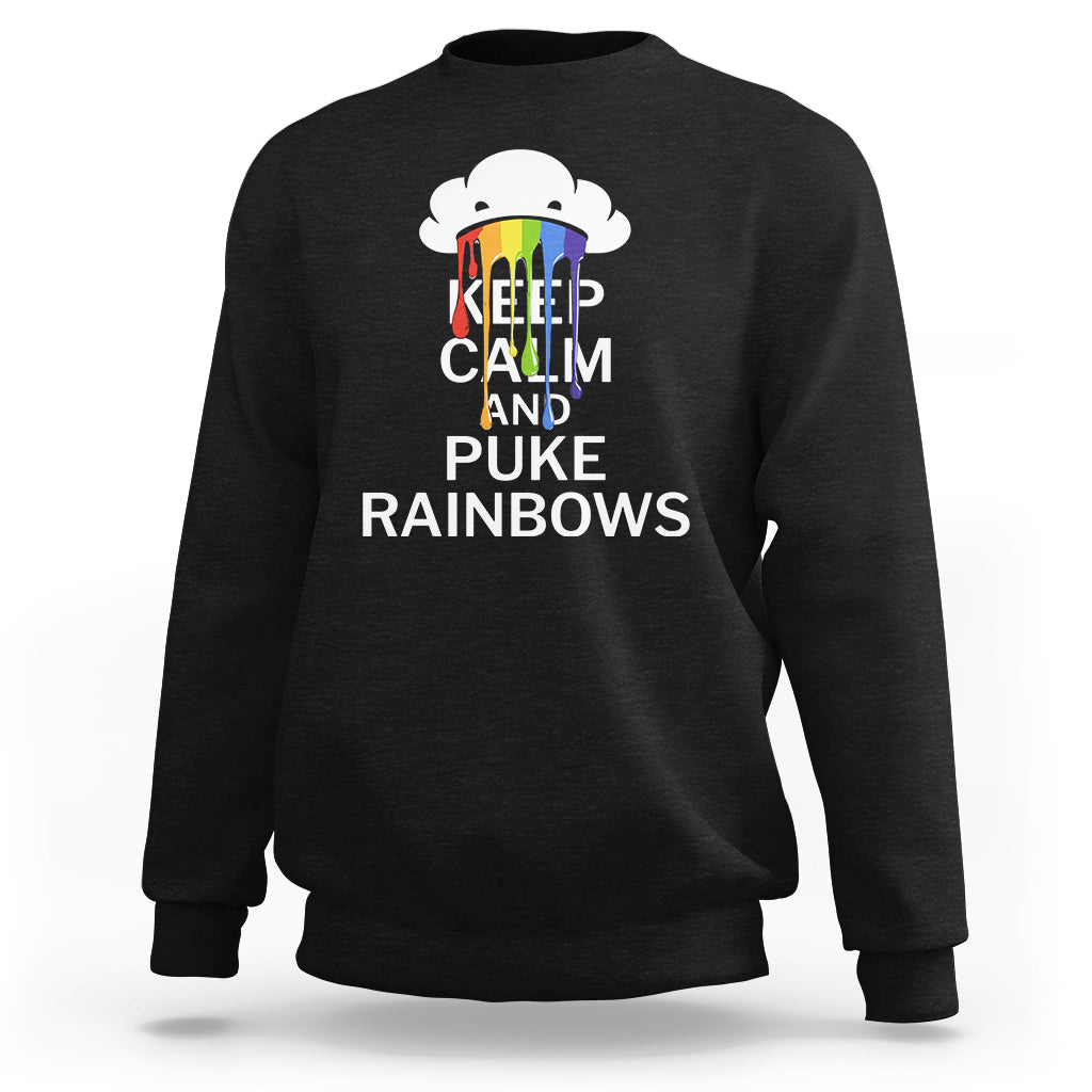 Black crewneck sweatshirt with rainbow cloud 'KEEP CALM AND PUKE RAINBOWS' front graphic.