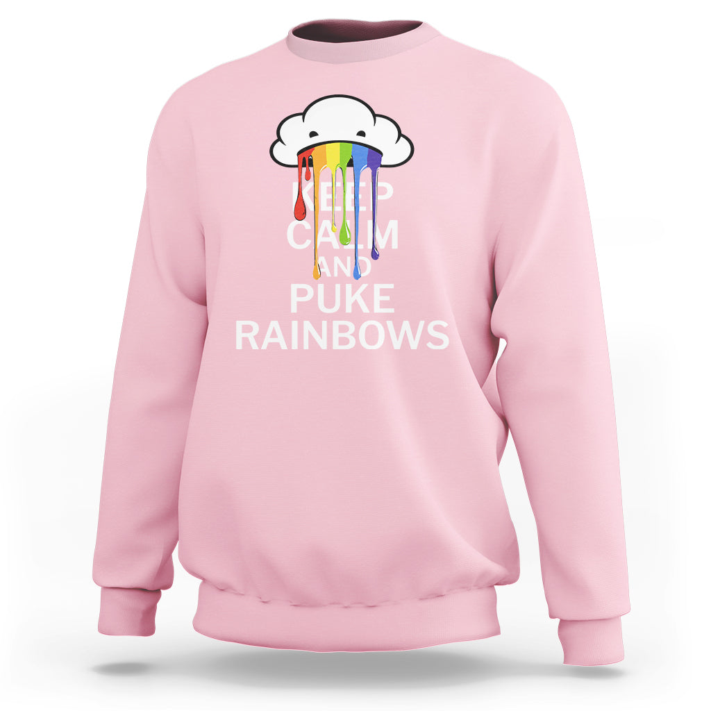 Light pink crewneck sweatshirt with rainbow cloud 'KEEP CALM AND PUKE RAINBOWS' front.
