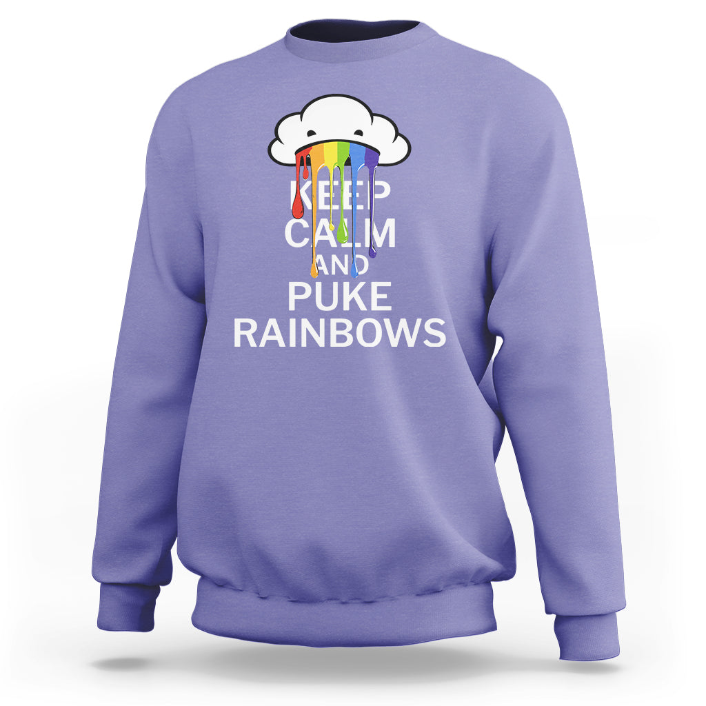 Light purple crewneck sweatshirt with rainbow cloud 'KEEP CALM AND PUKE RAINBOWS' print.