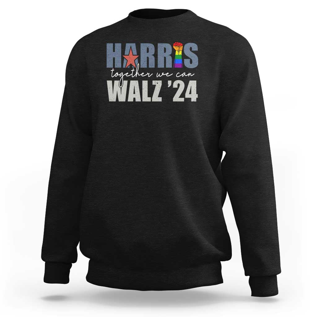 Black crewneck sweatshirt with Harris Walz '24 front graphic