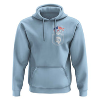 Light blue pullover hoodie with drawstring hood, front pouch pocket, and chest graphic patch