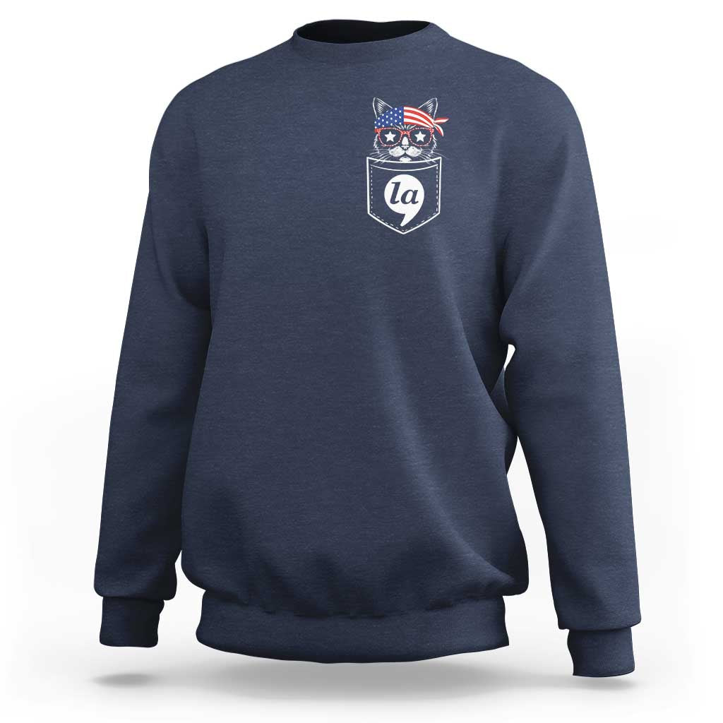 Navy-blue crewneck sweatshirt with chest graphic of a cat wearing patriotic hat badge