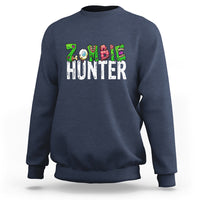Navy Halloween sweatshirt with colorful zombie-eyed hunter graphic across chest