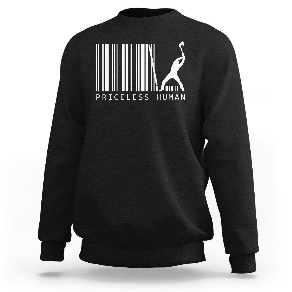 Black crewneck sweatshirt with barcode graphic and standing human silhouette print