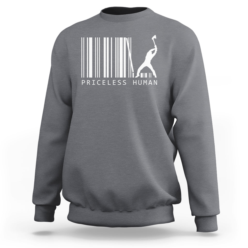 Charcoal crewneck sweatshirt with barcode graphic and standing human silhouette print