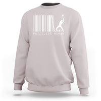 Ice gray crewneck sweatshirt with barcode graphic and standing human silhouette print