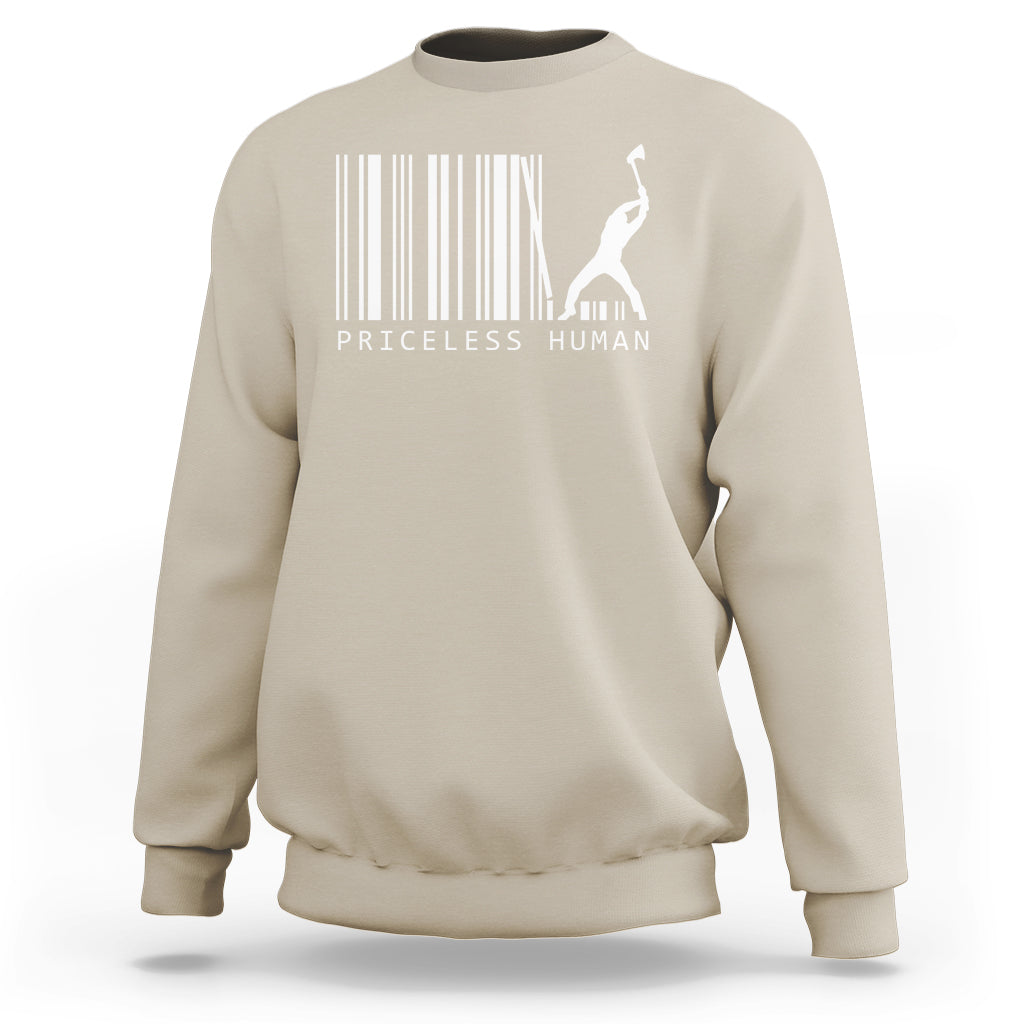 Sand crewneck sweatshirt with barcode graphic and standing human silhouette print