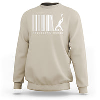 Sand crewneck sweatshirt with barcode graphic and standing human silhouette print