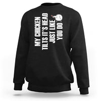 Black crewneck sweatshirt with chicken graphic and vertical text print