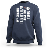 Navy crewneck sweatshirt with chicken graphic and vertical text print
