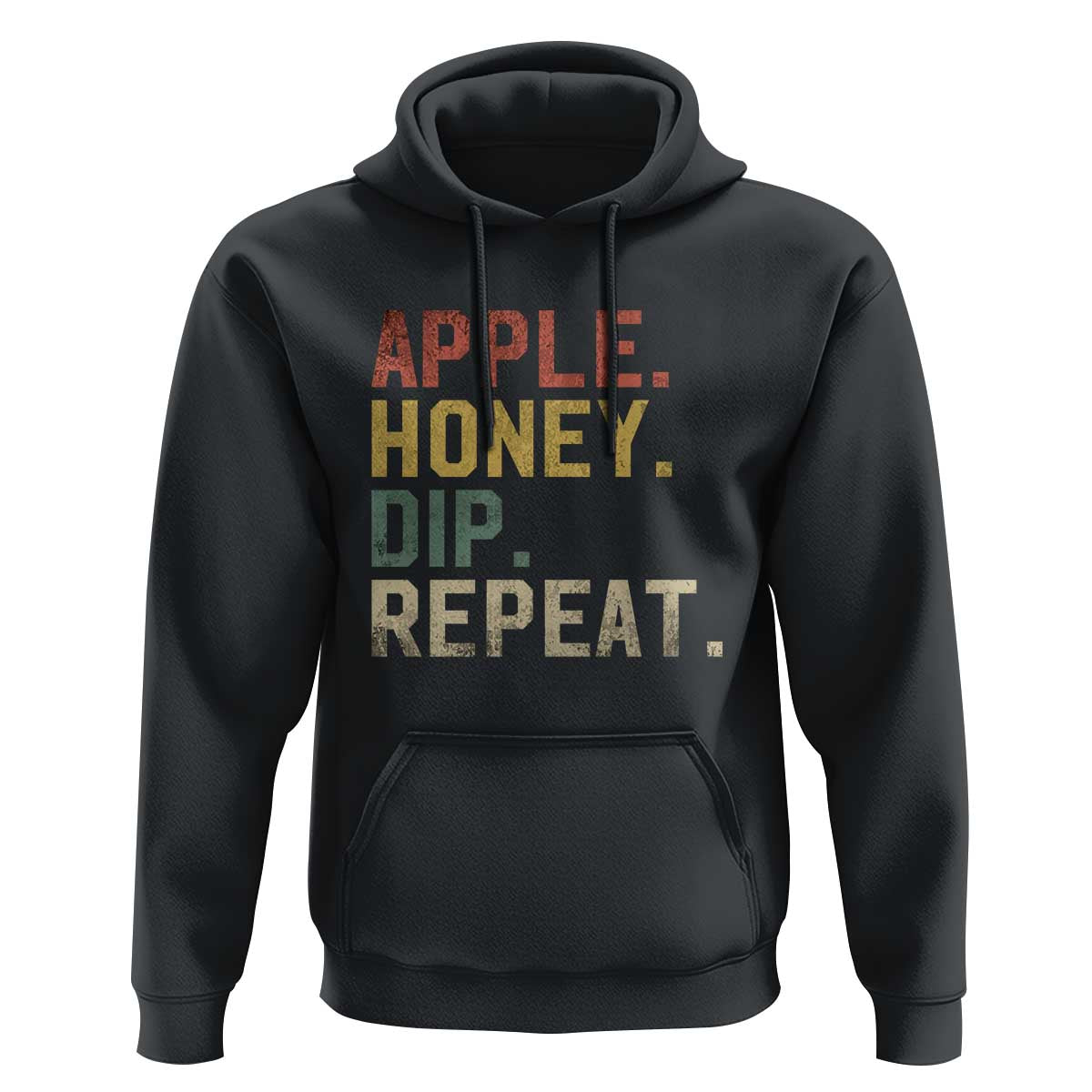 Black hoodie with kangaroo pocket and 'APPLE HONEY DIP REPEAT' front graphic.
