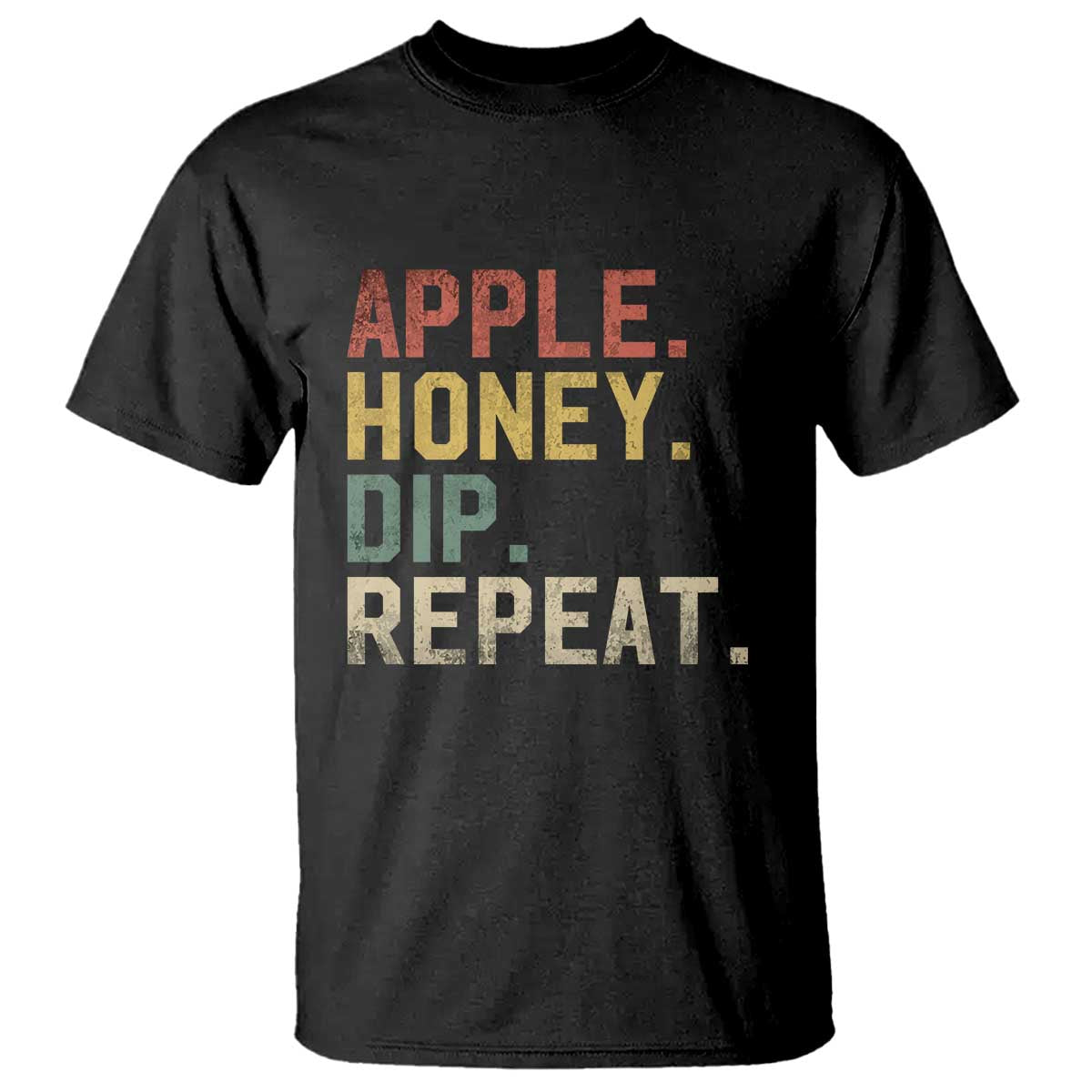 Black T-shirt with “APPLE HONEY DIP REPEAT” graphic print on the front