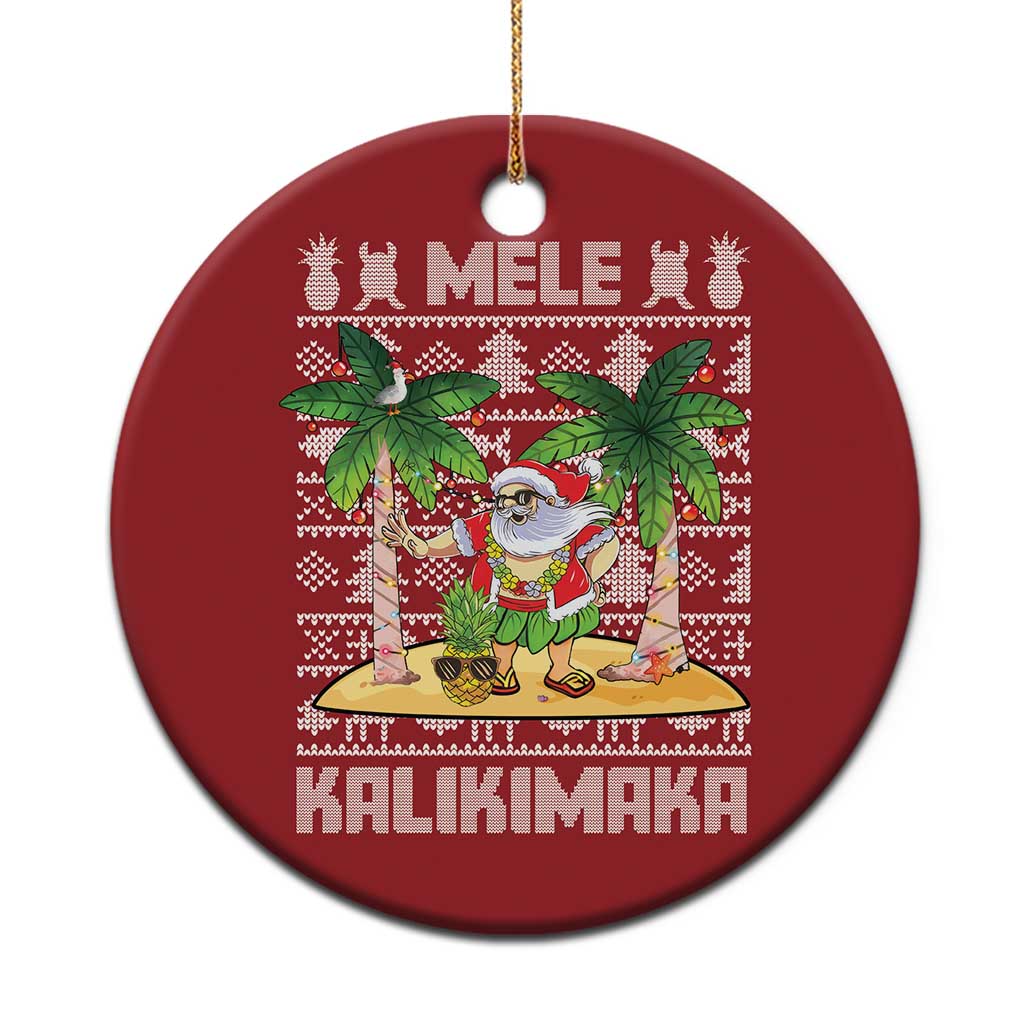 Red round Christmas ornament with Mele Kalikimaka hula Santa graphic and hanging loop