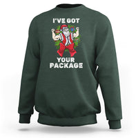 Dark forest green crewneck Christmas sweatshirt with Santa “I've got your package” graphic