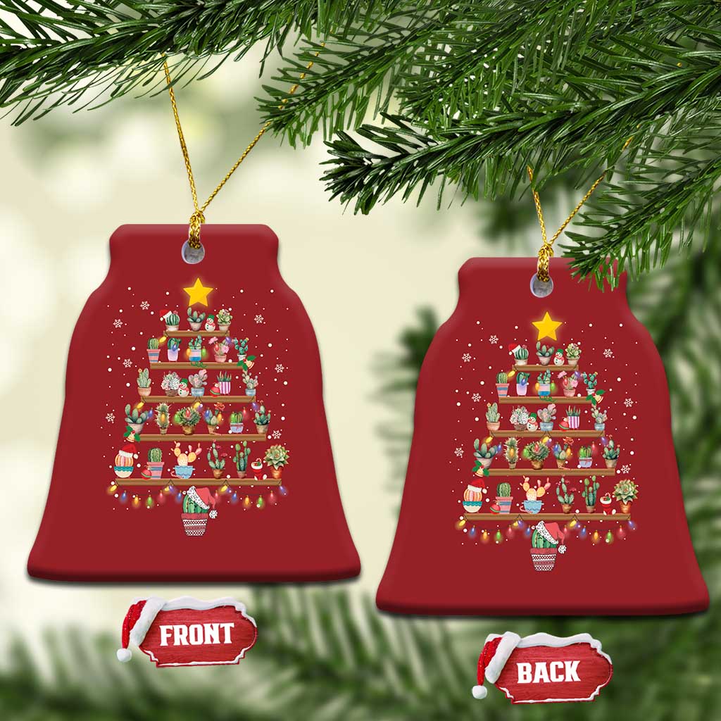 Two red bell-shaped Christmas ornaments with a stacked gift tree illustration