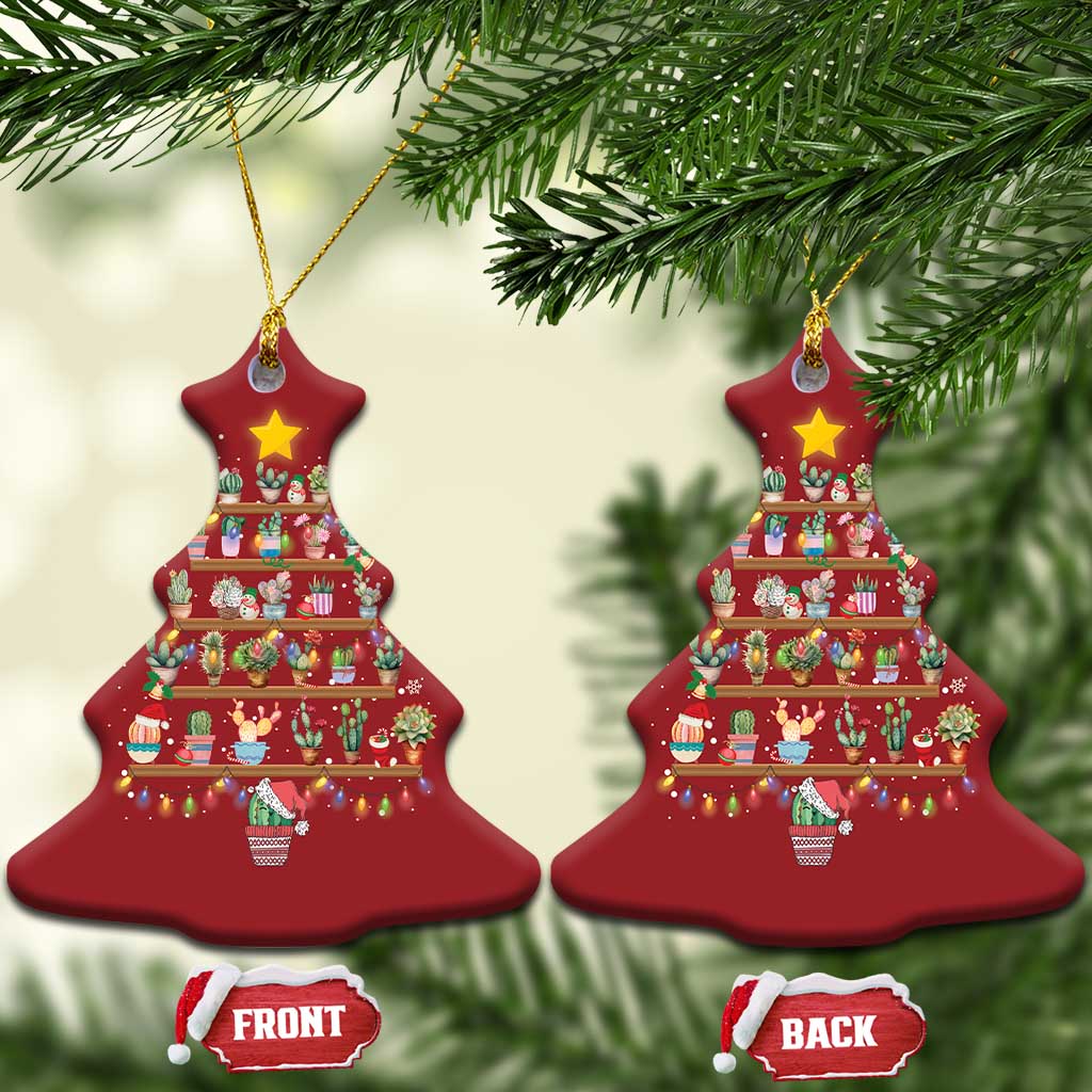 Two red Christmas tree-shaped ornaments with stacked gift display and star tops