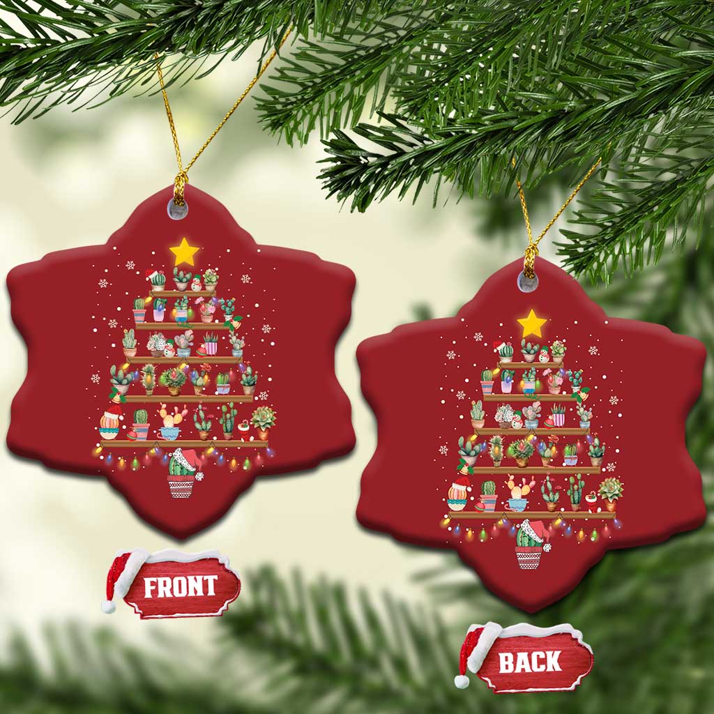 Two red snowflake-shaped Christmas ornaments with a stacked gift tree illustration